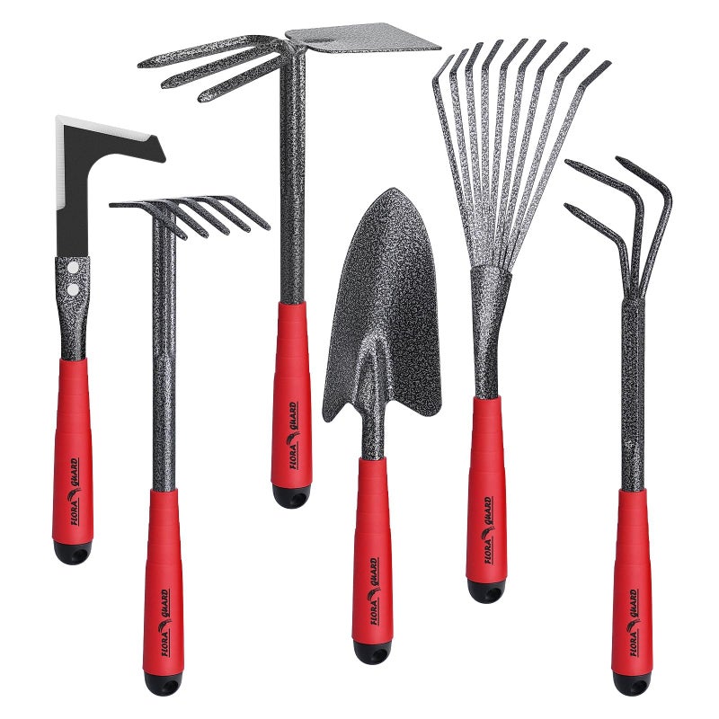FLORA GUARD Garden Tools Set, 6-Piece Heavy Duty Gardening Hand Tools with Soft Rubber Handle, Includes Trowel, Rake, 2-in-1 Hoe & Crack Weeder, Durable Yard Tools, Essentials Garden Gift Men Women - Image 1